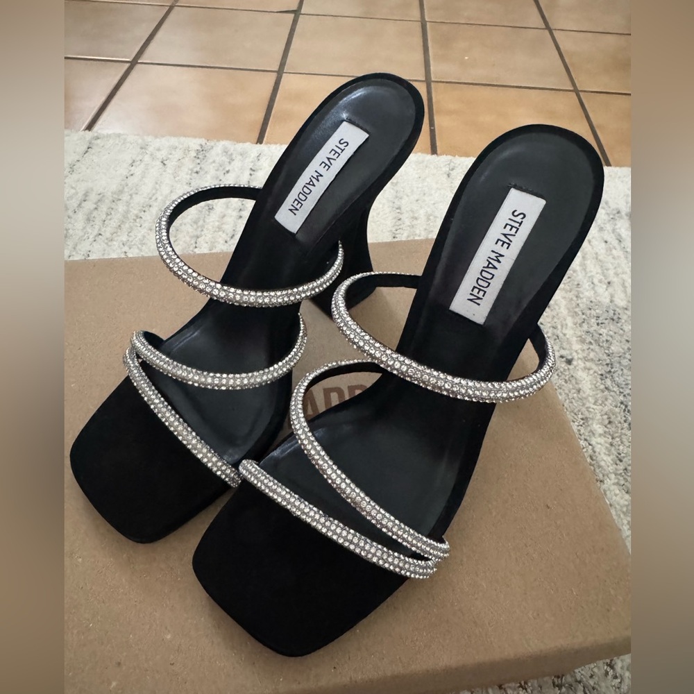 Steve Madden Black Rhinestone Triple-Strap Slide Heels